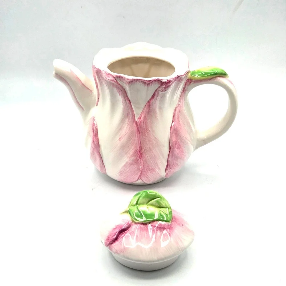 VINTAGE 1992 Pink Tulip Teapot The Bombay Company Spring‎ Blossoms COTTAGE Y2K